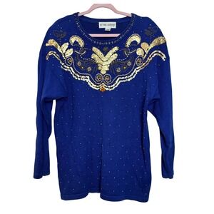 Vintage 80s Victoria Harbour Blue Sequin‎ Beaded Sweater Women L Glam Holiday